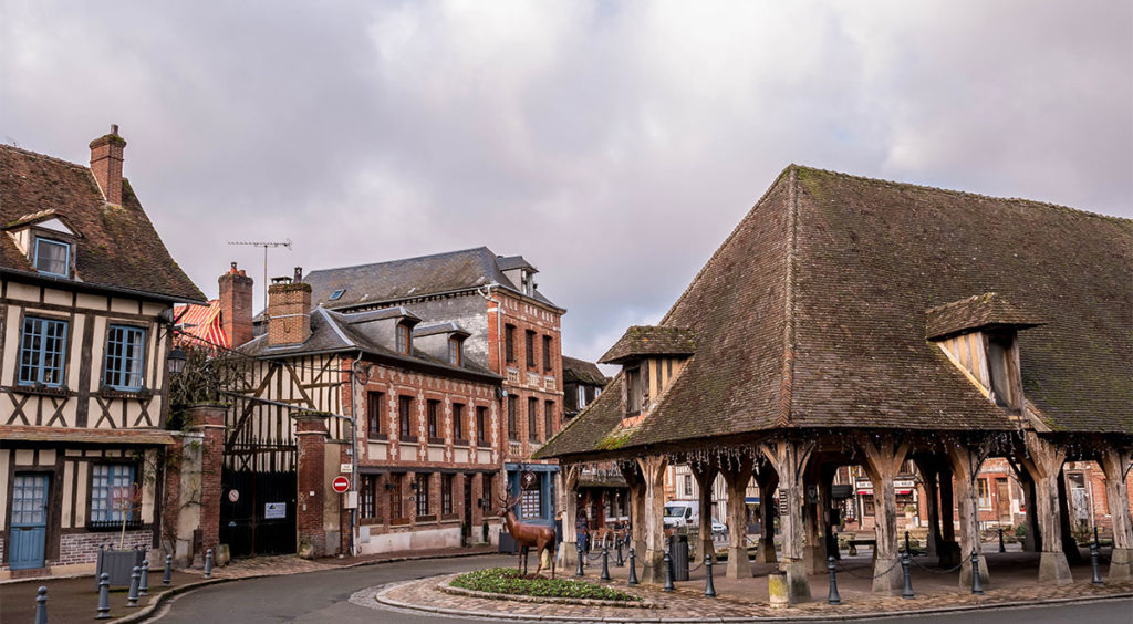 The medieval les Halles market of Lyons-la-Forêt which was restored in the 18th C.
