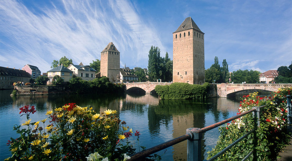 Towers of the Covered Bridge crossing the Ill River in Strasbourg
