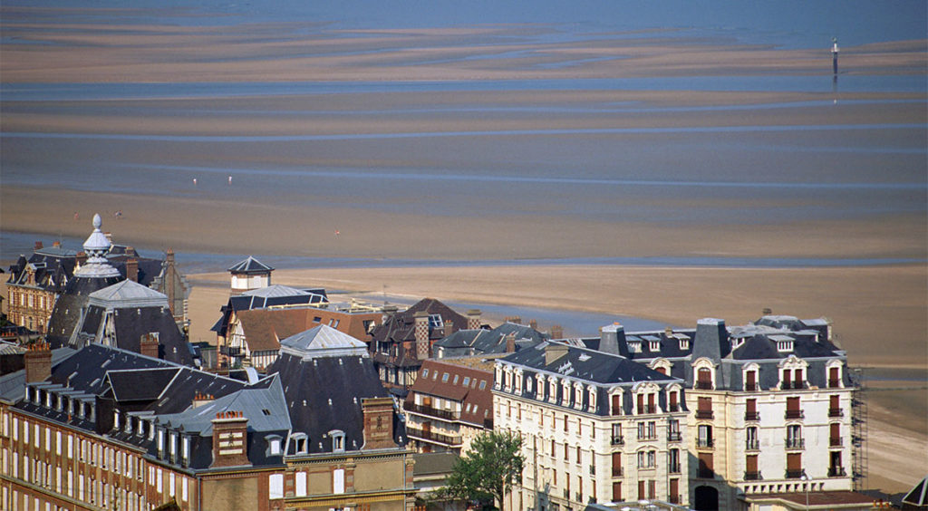 Overview of Deauville city in Calvados with sea, beach and estuary in Normandy