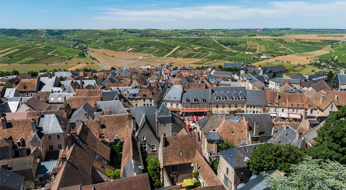 Vineyards surround the hill-top town of Sancerre with Pouilly beyond it
