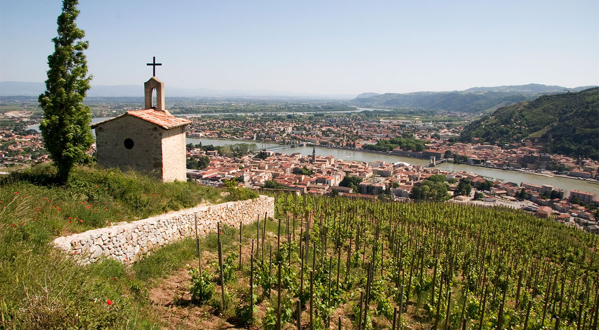La Chapelle chapel over-looking Tain Hermitage in the Rhône River Valley